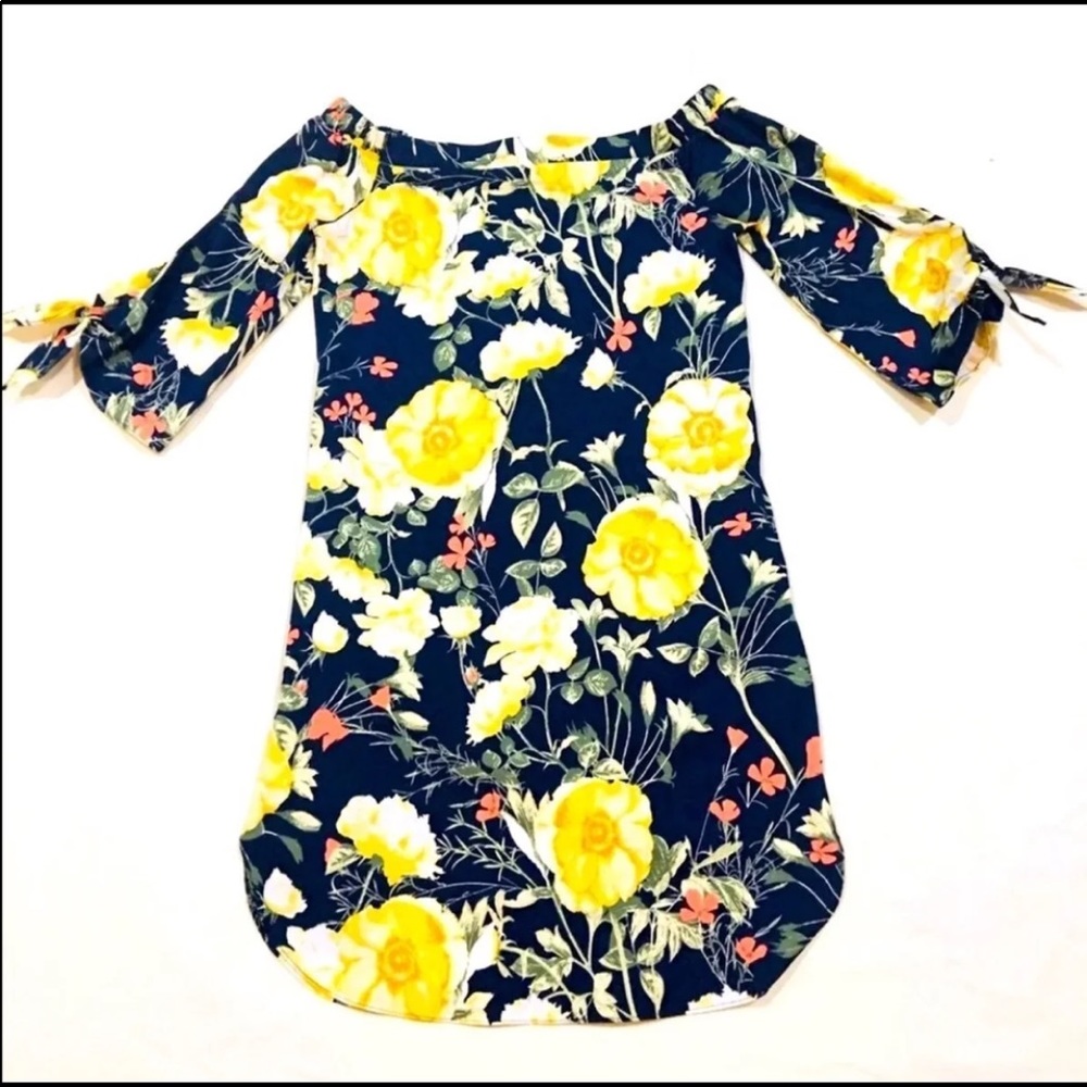 NWT JCPenny Soprano XS Navy Blue Floral Yellow Rose Tunic Dress Summer Fall Mini